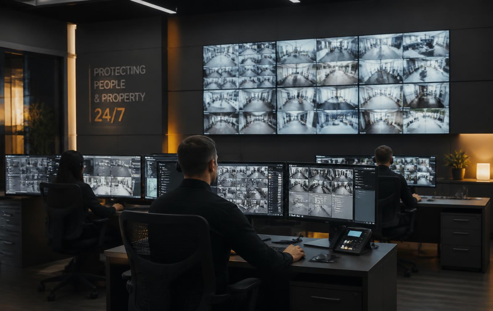 Operadores acompanhando câmeras na central de monitoramento da Controlseg